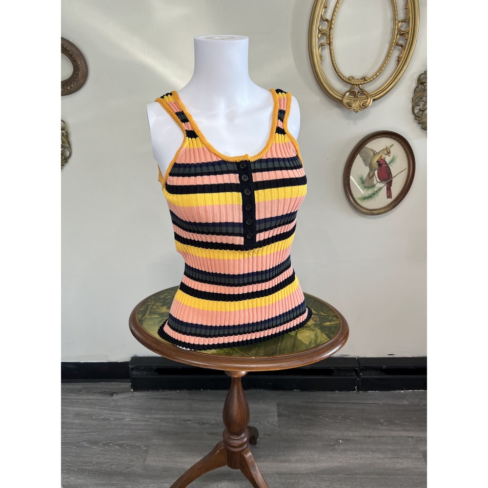 A Piece Apart Multi-Color Striped Rib Knit Henley Tank Top Size M